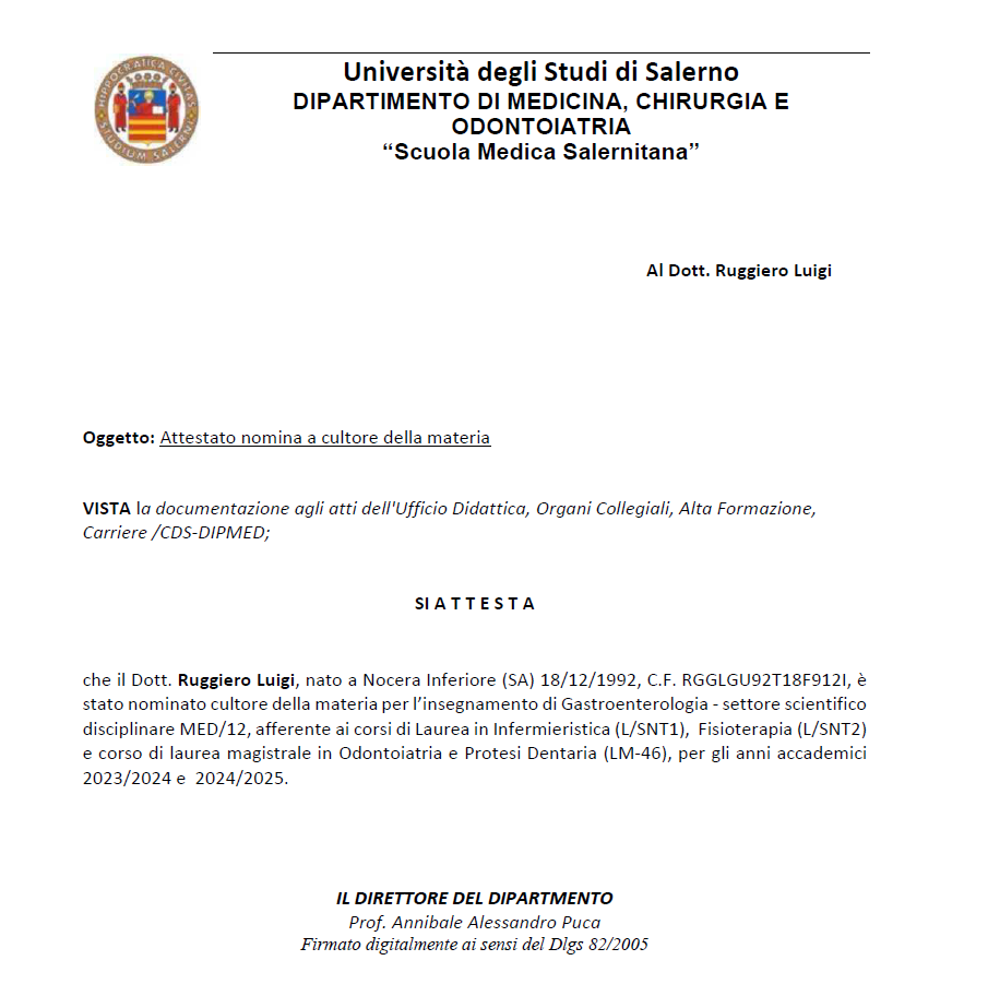 Attestato di nomina a Cultore della Materia — Università degli Studi di Salerno