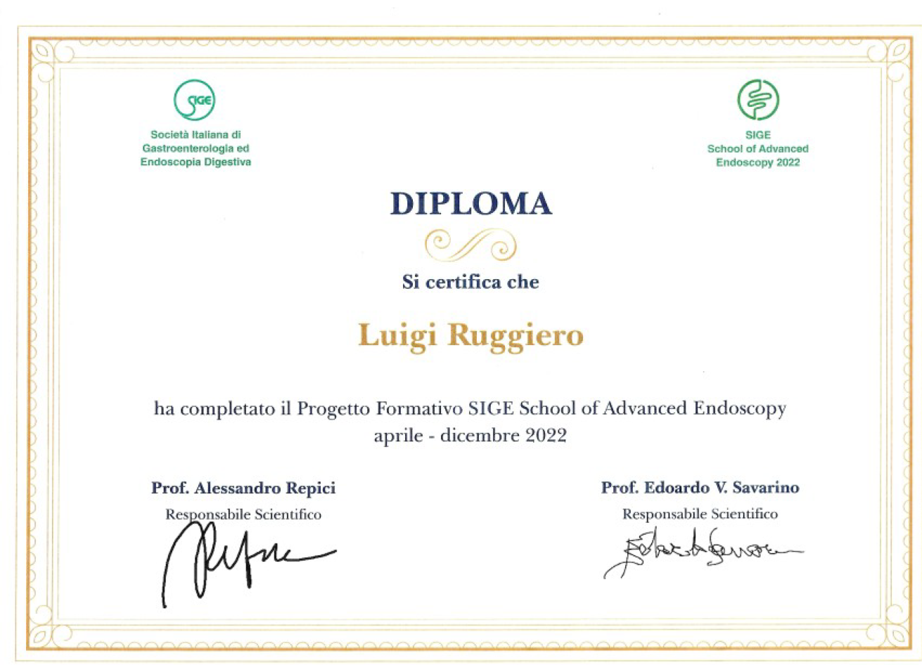 Diploma SIGE School of Advanced Endoscopy 2022